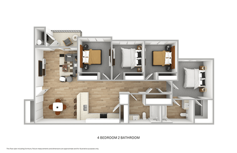 Floor plan for 4 beds, 2 baths, 1388 sqft